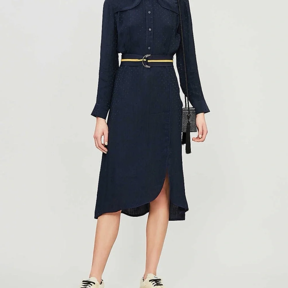 Sandro Paris Navy Swiss Dot Pleated Midi Shirt Dress Scallop Yoke 12 - Picture 7 of 15